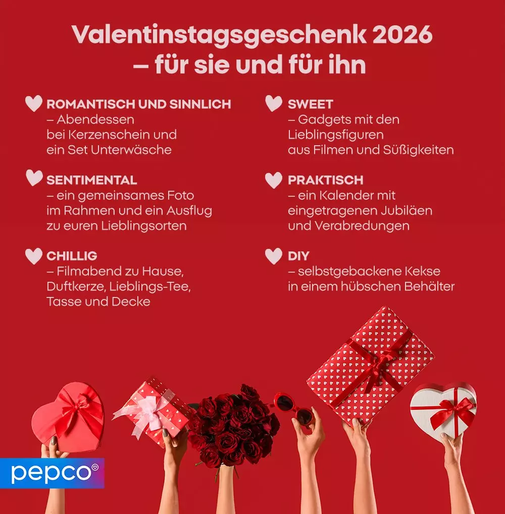 Valentinstagsgeschenk-Ideen 2026 mit Hände, die Geschenke und Rosen halten, pepco Marke.
