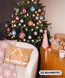 Pepco Weihnachtsbaum mit bunten Kugeln, Lichterkette und Dekokissen auf Sessel im festlichen Wohnzimmer.