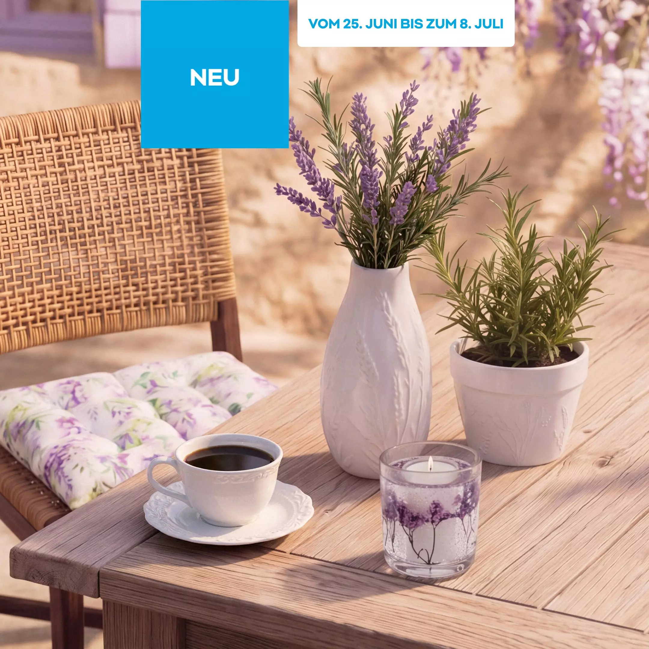 Pepco Gartentisch mit Lavendel in Vase, Kaffeetasse, Kerze und Kissen in Lavendel-Optik.