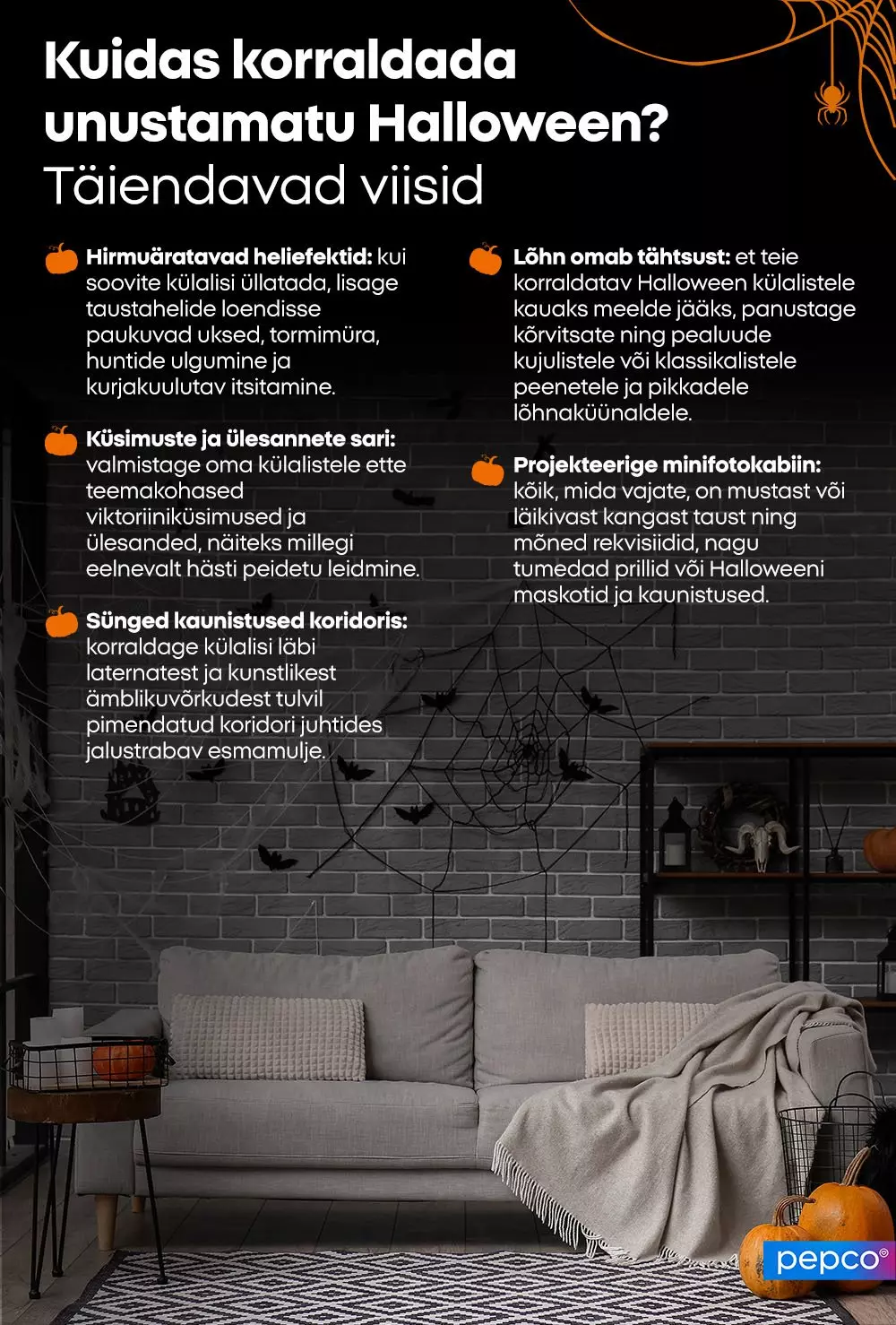 Pepco Halloween guide showing a decorated living room with spiderwebs and pumpkins, offering tips for creating memorable celebrations.
