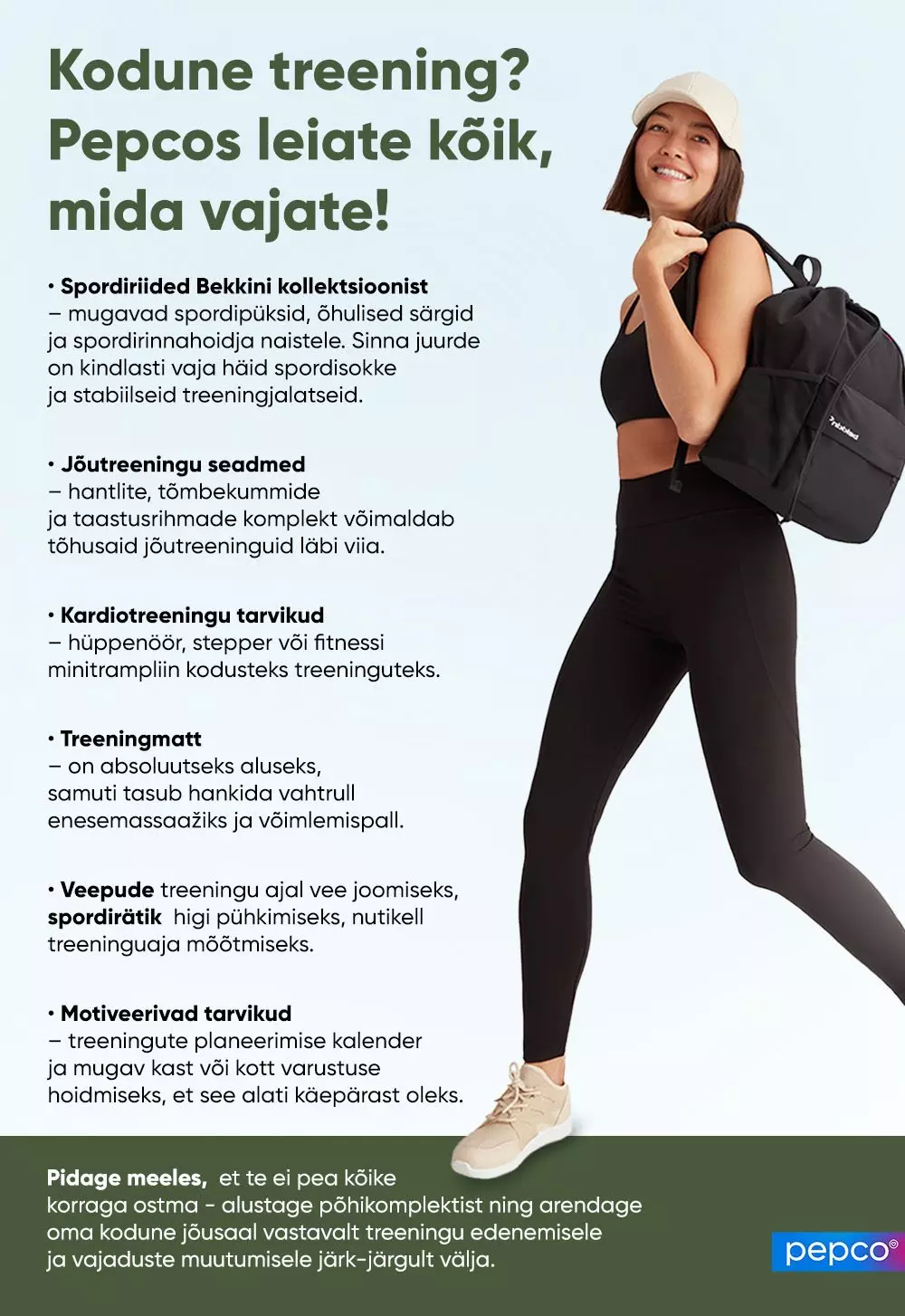 Pepco home workout advertisement featuring a woman in black sportswear with gym bag, listing essential fitness equipment and clothing from the Bekkin collection.