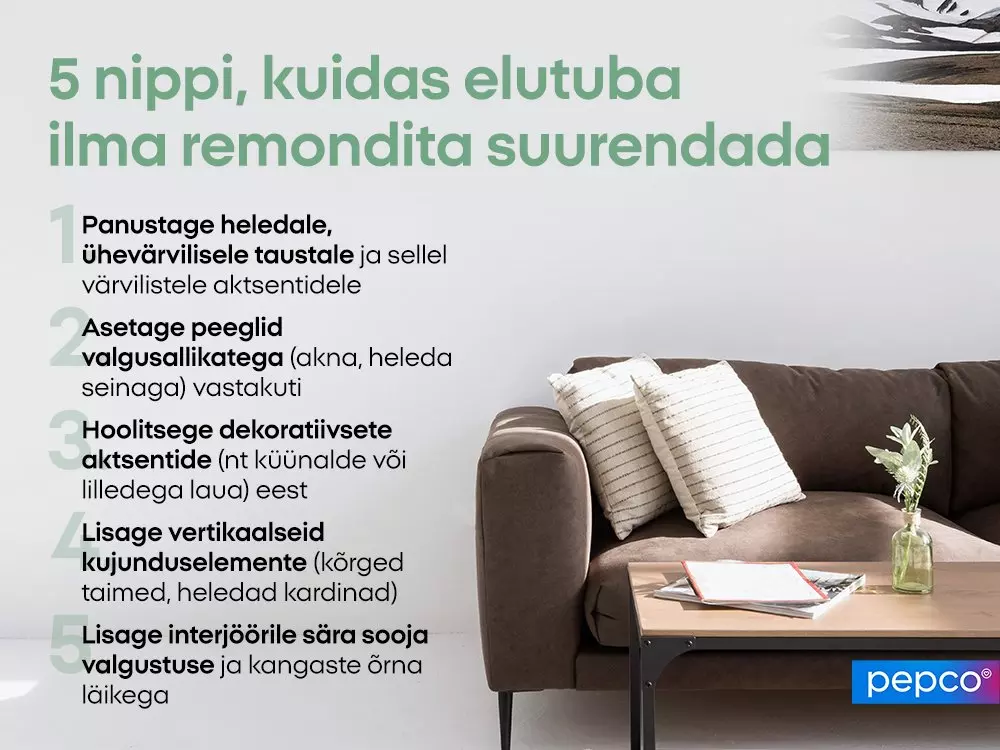 Pepco infographic showing 5 tricks to visually enlarge living rooms, featuring a brown sofa with pillows and coffee table.