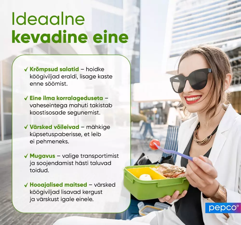 Pepco spring lunch guide showing person enjoying meal from compartmentalized container with tips for fresh, convenient lunches.