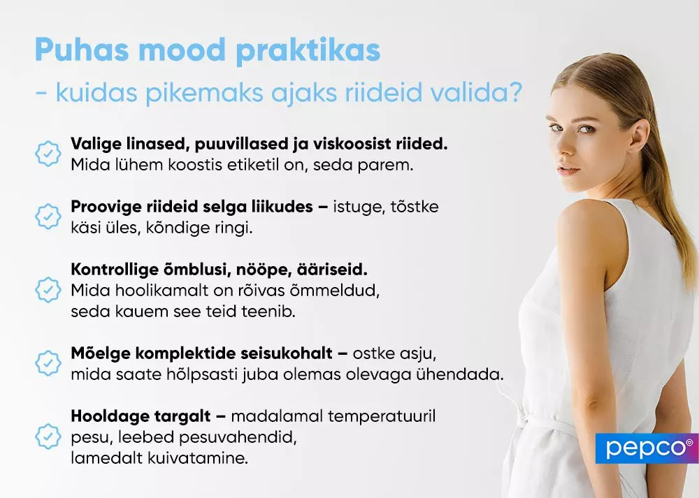 Pepco infographic showing Clean fashion tips with five recommendations for choosing sustainable clothing, displayed alongside a model in white outfit.
