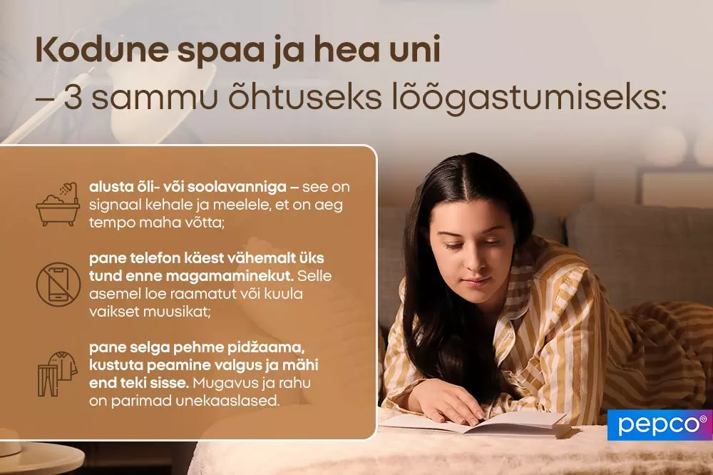 Pepco reklaam koduseks lõõgastumiseks, näidates inimest pidžaamas lugemas, koos kolme sammuga õhtuseks lõõgastuseks.
