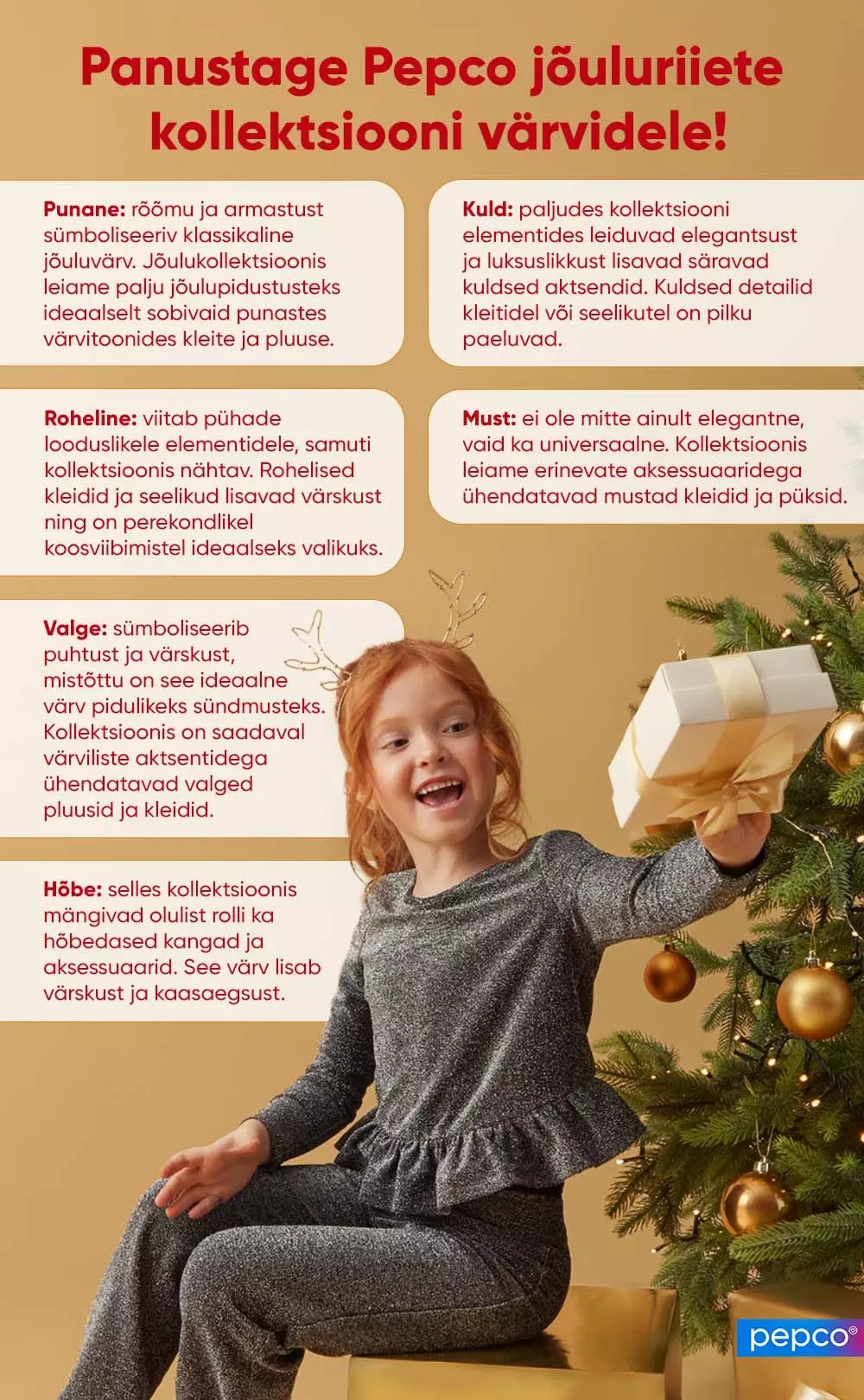Pepco Christmas clothing collection advertisement showing color options including red, green, white, gold, black and silver with festive scene.
