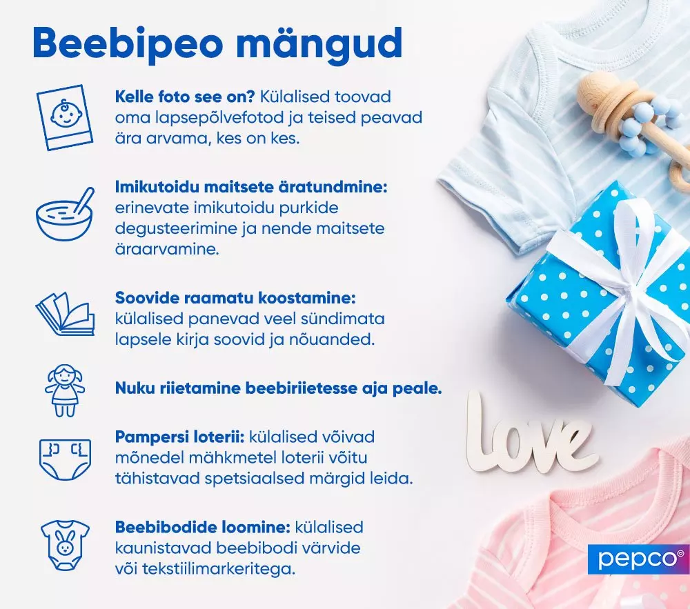 Pepco baby shower games guide featuring six fun activities, displayed with blue and pink baby clothes, a wooden rattle, and a gift box.
