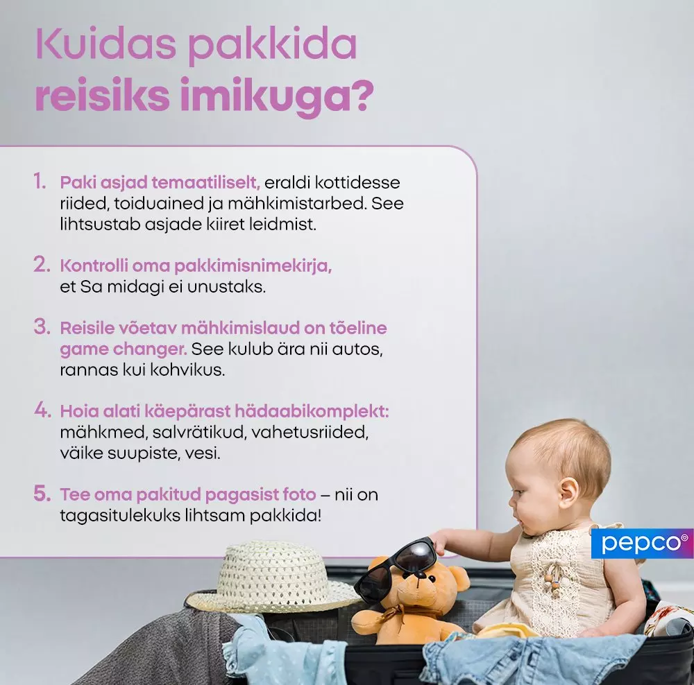 Pepco infographic showing five tips for packing when traveling with a baby, with a baby sitting in a suitcase with a teddy bear and hat.