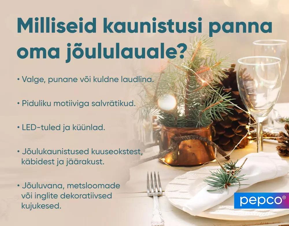 Pepco jõululaua kaunistamise ideed koos käbide, okste ja küünaldega kaetud lauaga ning soovitused dekoratsioonideks.