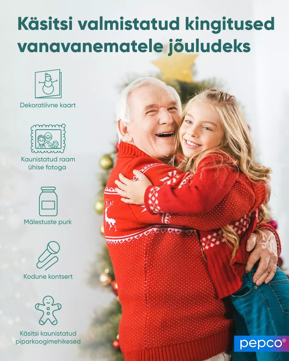 Pepco Christmas advertisement showing handmade gift ideas for grandparents with icons for decorative cards, memory jars and more.