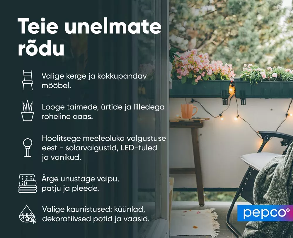 Pepco balcony design guide showing a cozy outdoor space with flowers, string lights, comfortable chair and tips for creating your dream balcony.