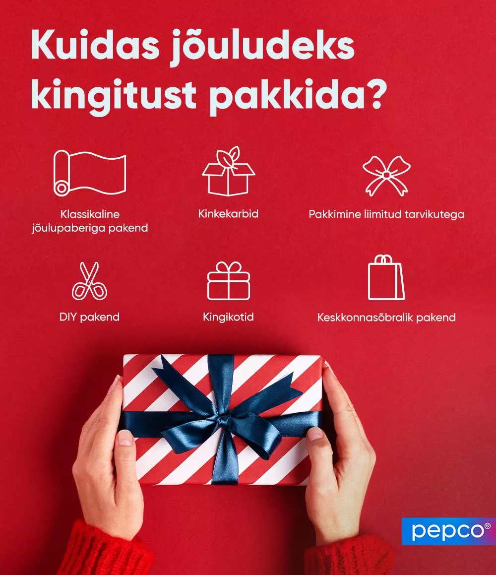 Pepco jõulukingituste pakkimise juhend kuue erineva meetodiga, käed hoiavad punase-valge triibulist pakki sinise lindiga.