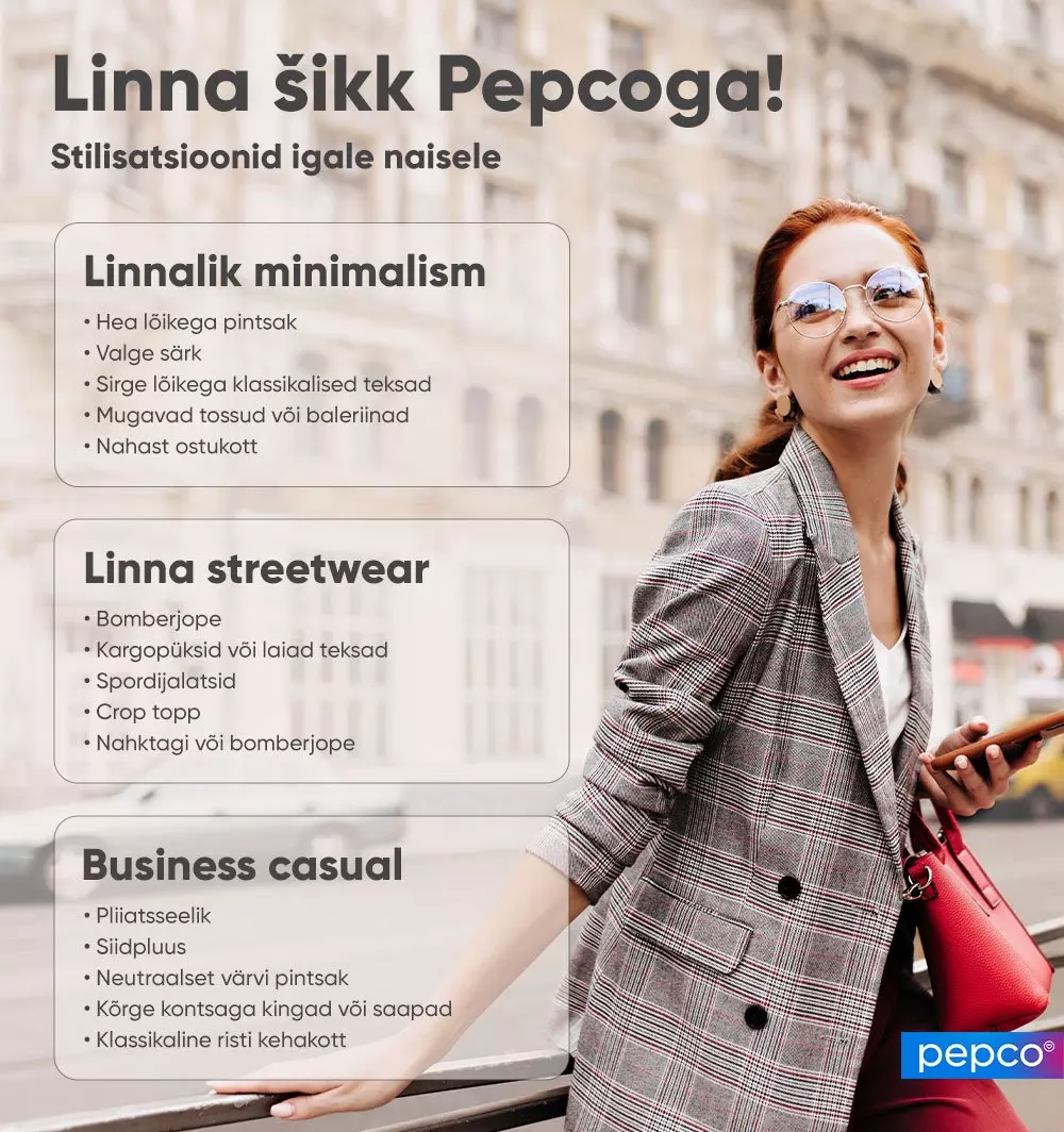 Pepco reklaam naisele, kes kannab ruudulist pintsakut ja punast kotti, koos kolme linnastiili valikuga: minimalism, tänavamoodi ja ärikasual.