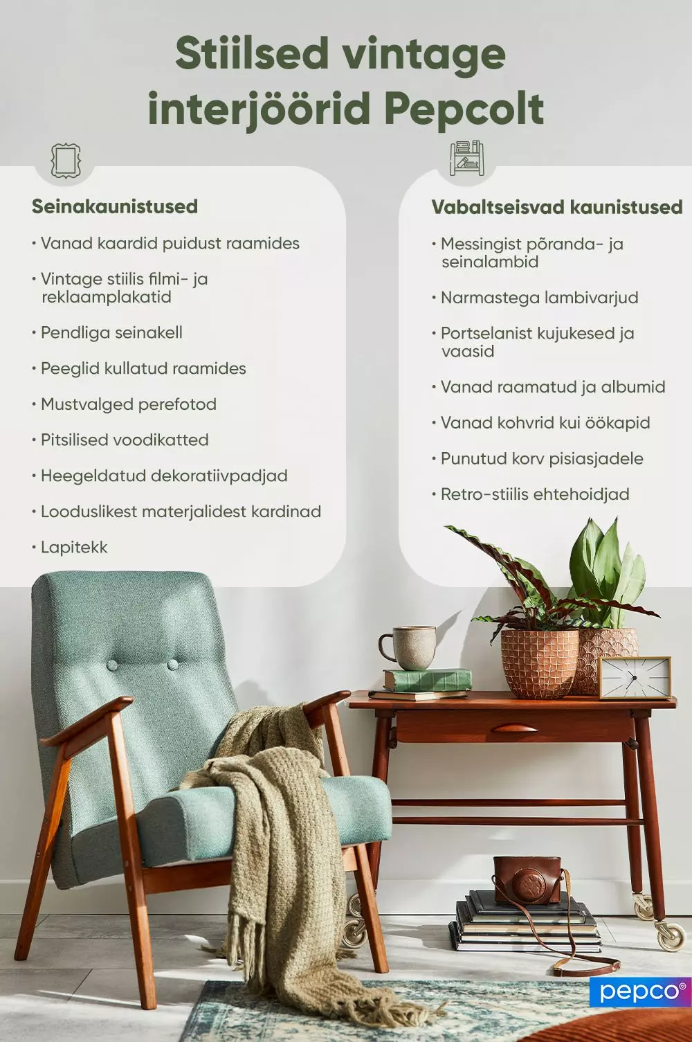 Pepco vintage interior design guide showing wall and freestanding decoration ideas with a mint armchair and side table display.