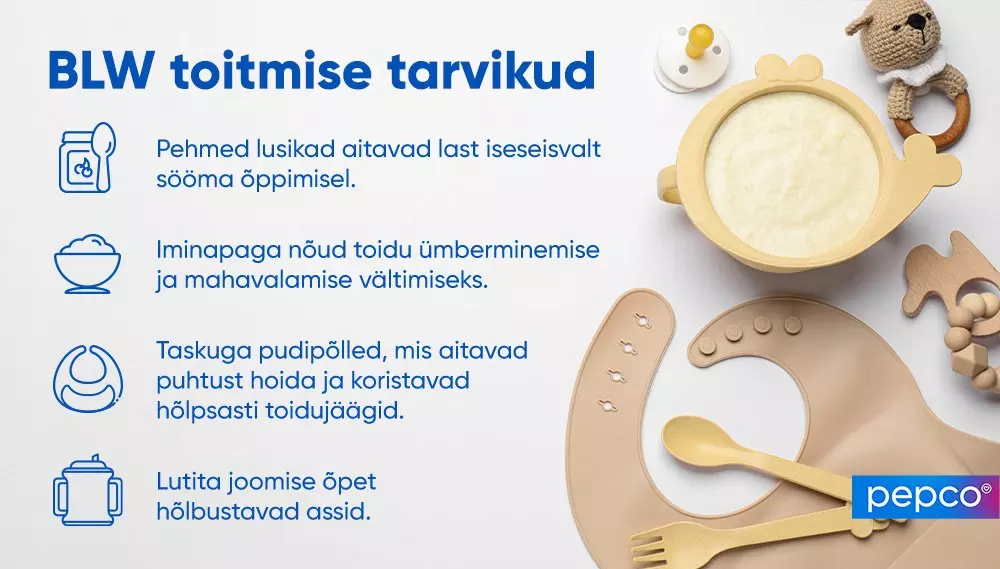 Pepco BLW feeding accessories featuring beige silicone bib, animal-shaped bowl, wooden utensils and teether for independent infant eating.