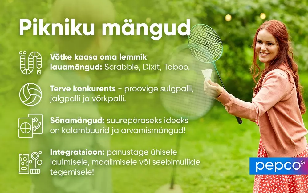 Pepco piknikupakkumine: naine mängib sulgpalli, koos teabega lauamängude, sportlike tegevuste ja meelelahutuse kohta.