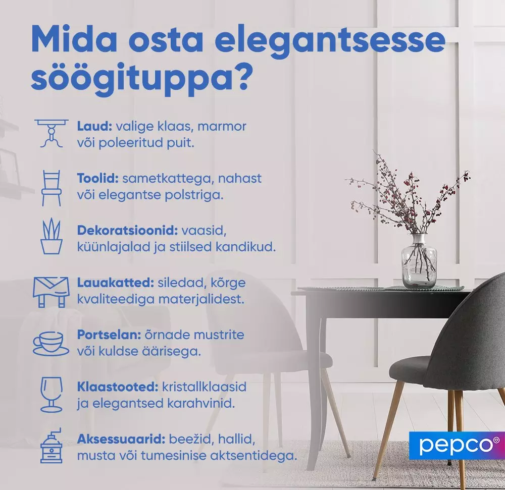 Pepco infographic showing elegant dining room essentials with furniture suggestions and a minimalist dining setup featuring a vase with branches.