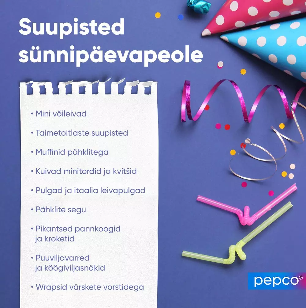 Pepco birthday party snack list with colorful party decorations including polka dot hats, ribbons, straws and confetti on purple background.
