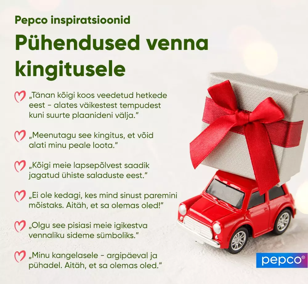 Pepco inspirational gift ideas for brothers featuring heartfelt dedication messages and a red toy car with gift box.