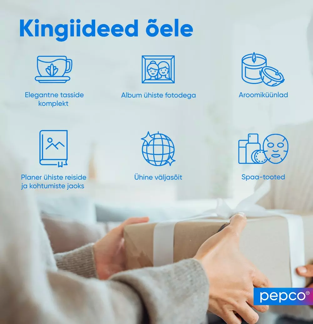 Pepco kingitusideede infograafik õele, kus on illustreeritud kuus valikut: tassid, fotoalbum, küünlad, planeerija, väljasõit ja SPA kosmeetika.