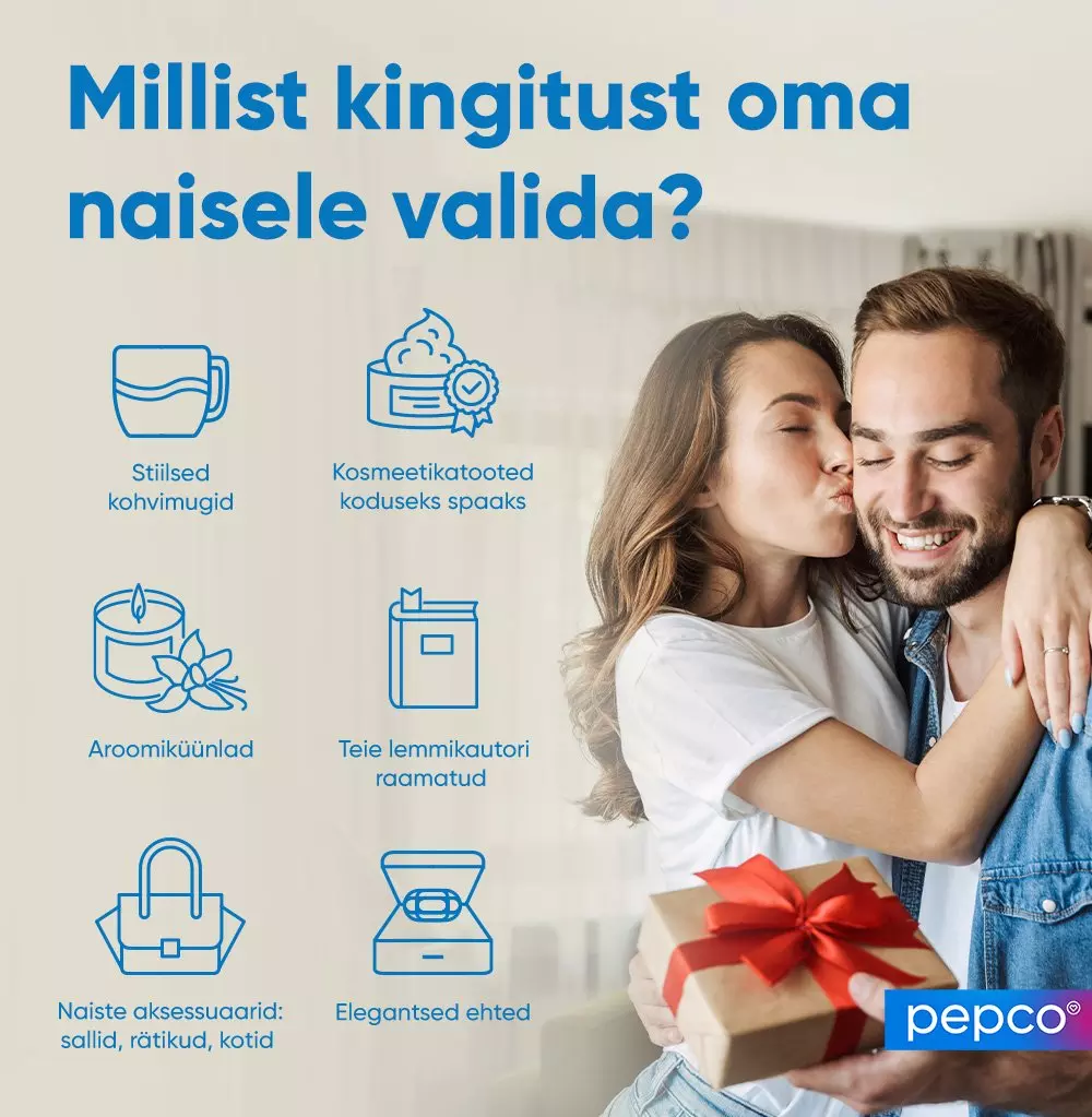 Pepco kingituste juhend naistele, kus on välja toodud kuus valikut: kohvitassid, raamatud, küünlad, ehted, aksessuaarid ja kosmeetika.
