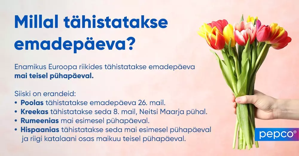 Pepco informational image showing when Mother's Day is celebrated across Europe, with colorful tulips being held by a hand.