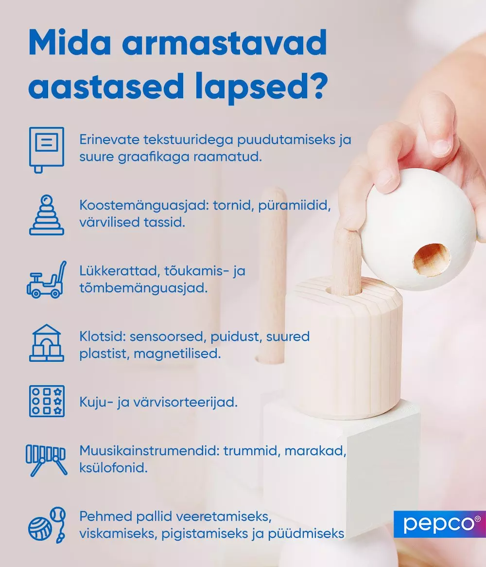 Pepco infographic showing toy preferences for one-year-olds with icons and descriptions, featuring wooden sensory toy demonstration.