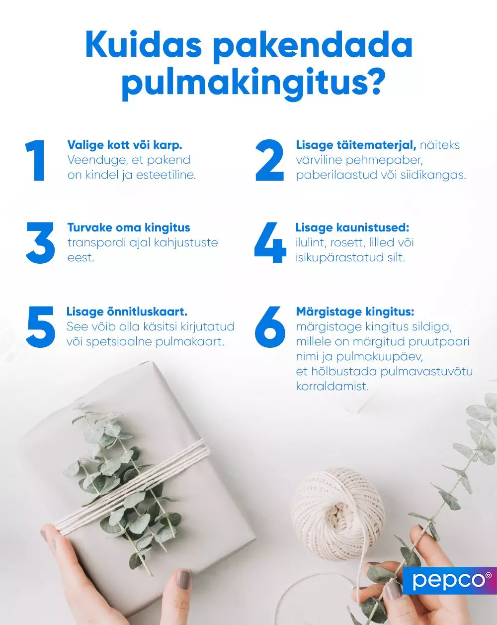 Pepco infographic showing six steps for wrapping a wedding gift, with an elegantly wrapped package and twine shown below.