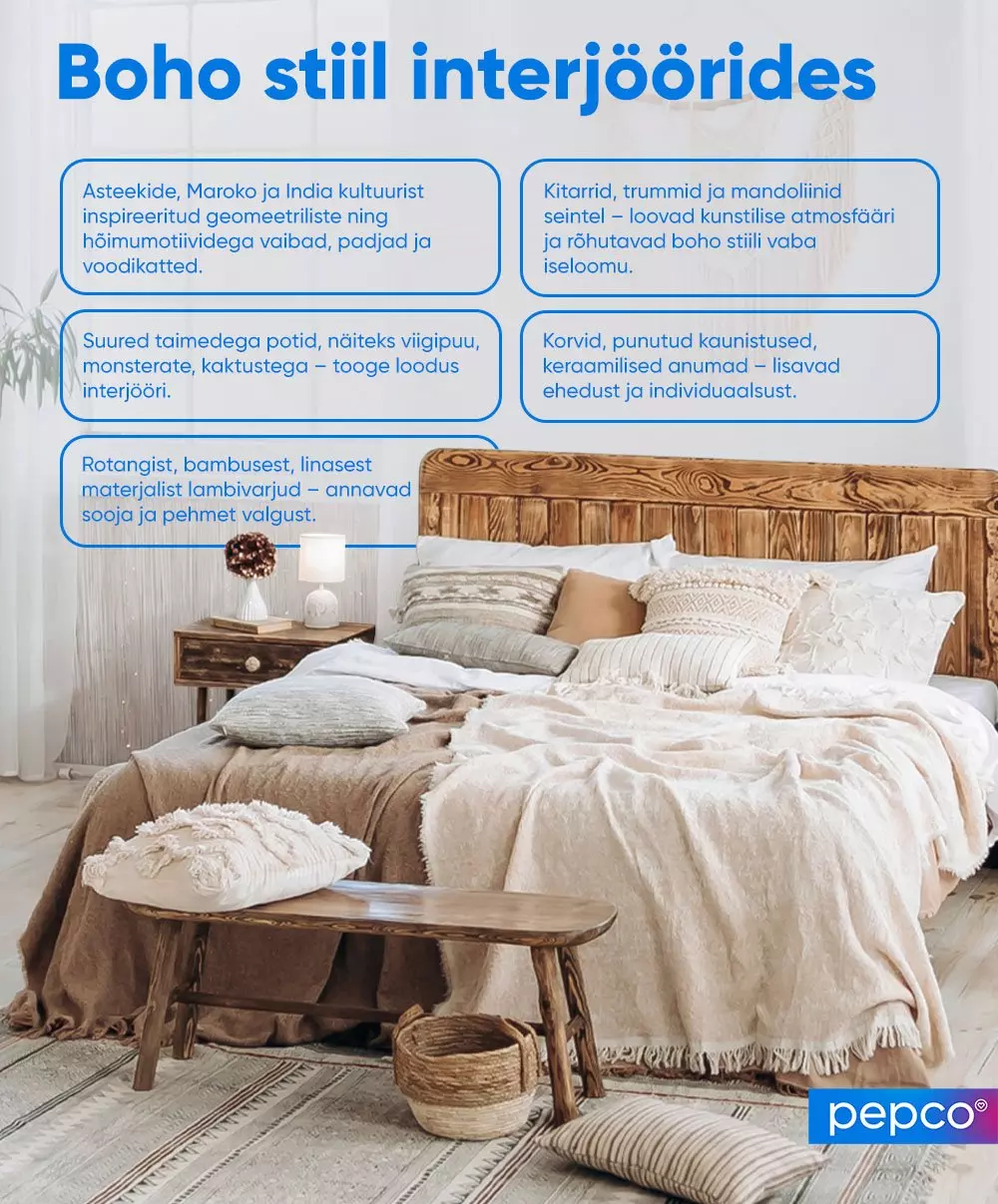 Pepco boho style bedroom with wooden headboard, neutral textiles and decorative tips for creating bohemian interiors.