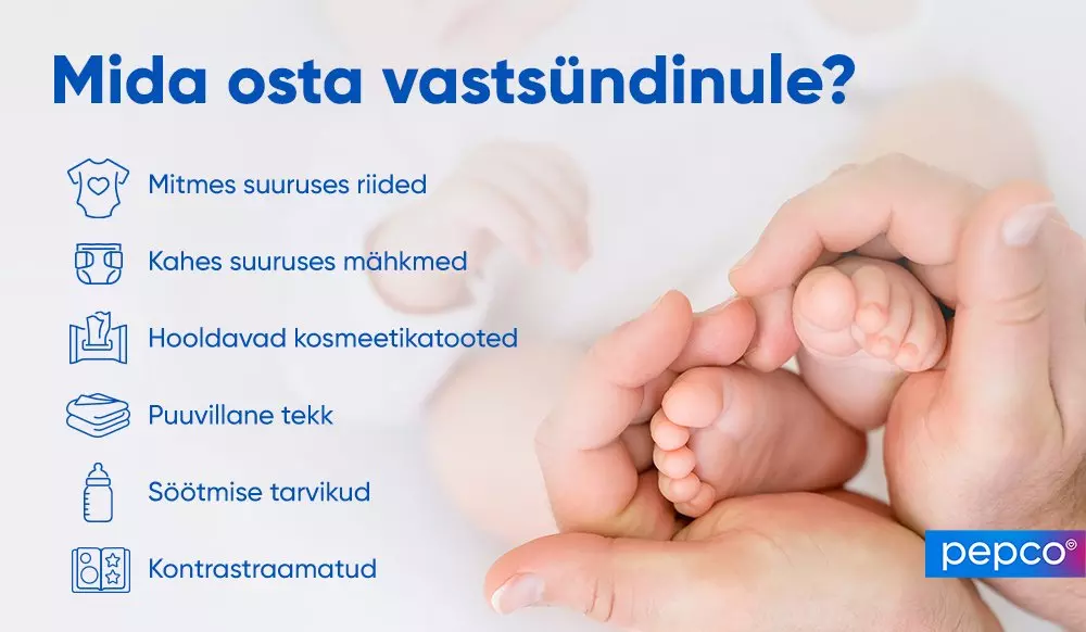 Pepco infographic showing newborn essentials checklist with tiny baby feet held in adult hands, featuring clothing, diapers and care items.