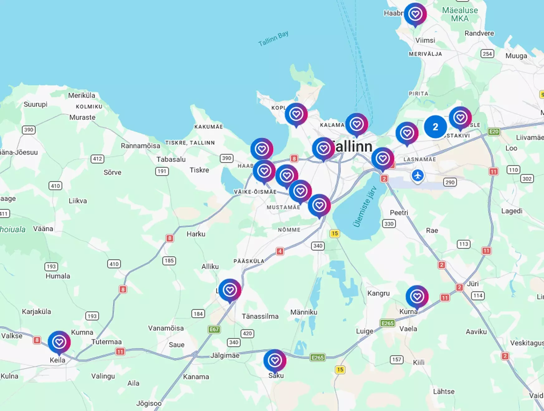Pepco store locations marked with heart icons on a map of Tallinn and surrounding areas in Estonia.