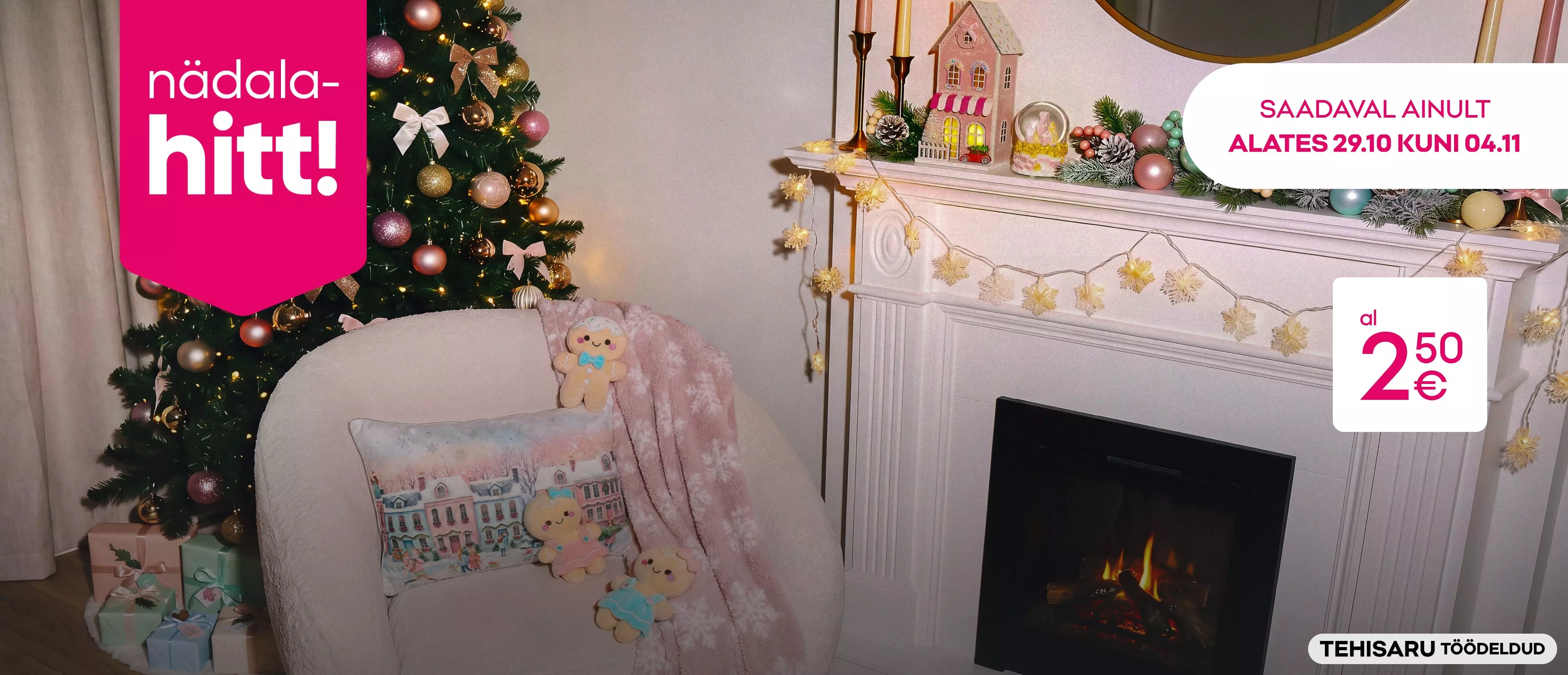 Pepco festive living room with decorated Christmas tree, gifts, cosy chair and fireplace with garland lights.
