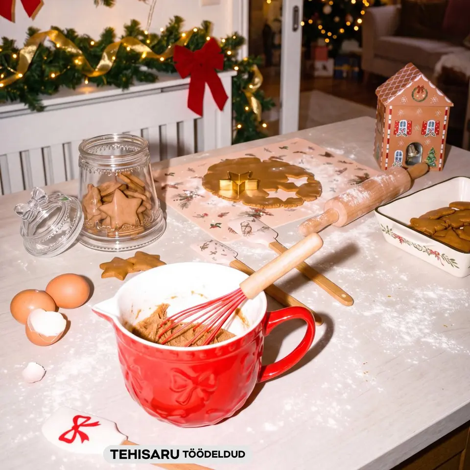 Pepco festive baking scene with gingerbread dough, rolling pin, whisk in red bowl and cookie jar.