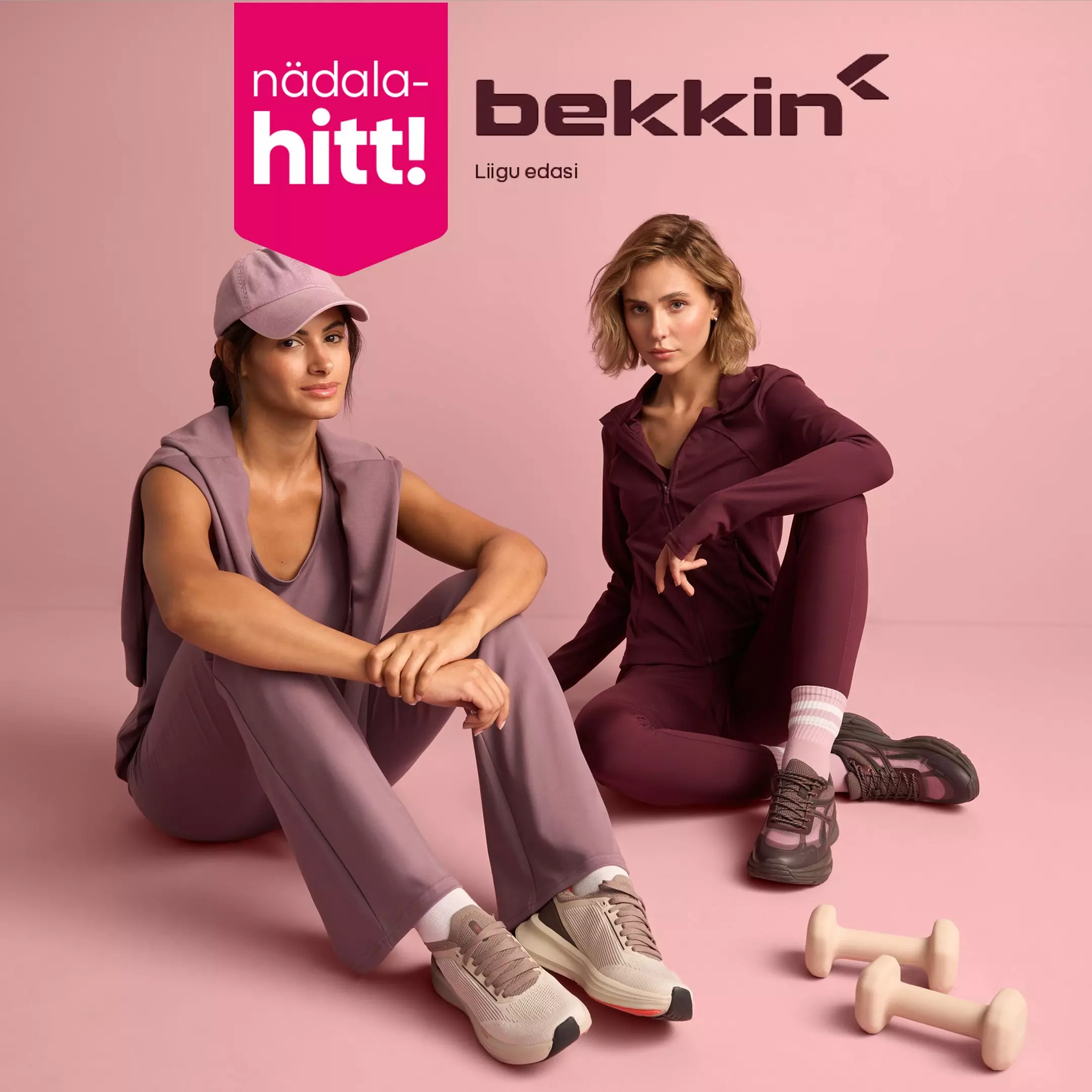 Pepco bekkin activewear collection featuring two women in coordinating sportswear sets with trainers and dumbbells.