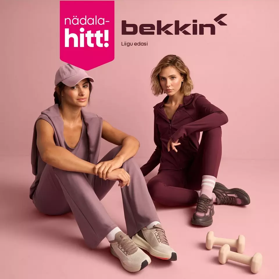 Pepco bekkin activewear collection featuring two women in coordinating sportswear sets with trainers and dumbbells.