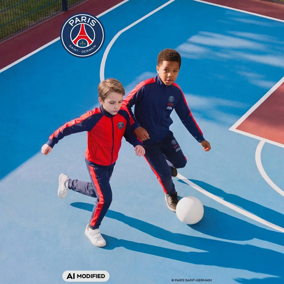 Dwóch chłopców w dresach Paris Saint-Germain gra w piłkę nożną na boisku sportowym Pepco.