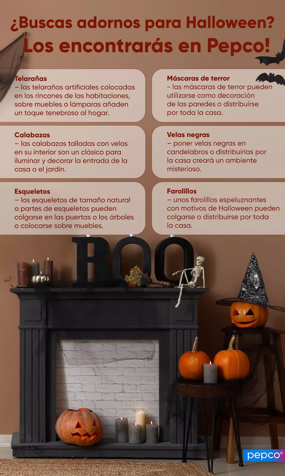 Guía de decoración de Halloween de Pepco con chimenea decorada, calabazas y esqueleto.