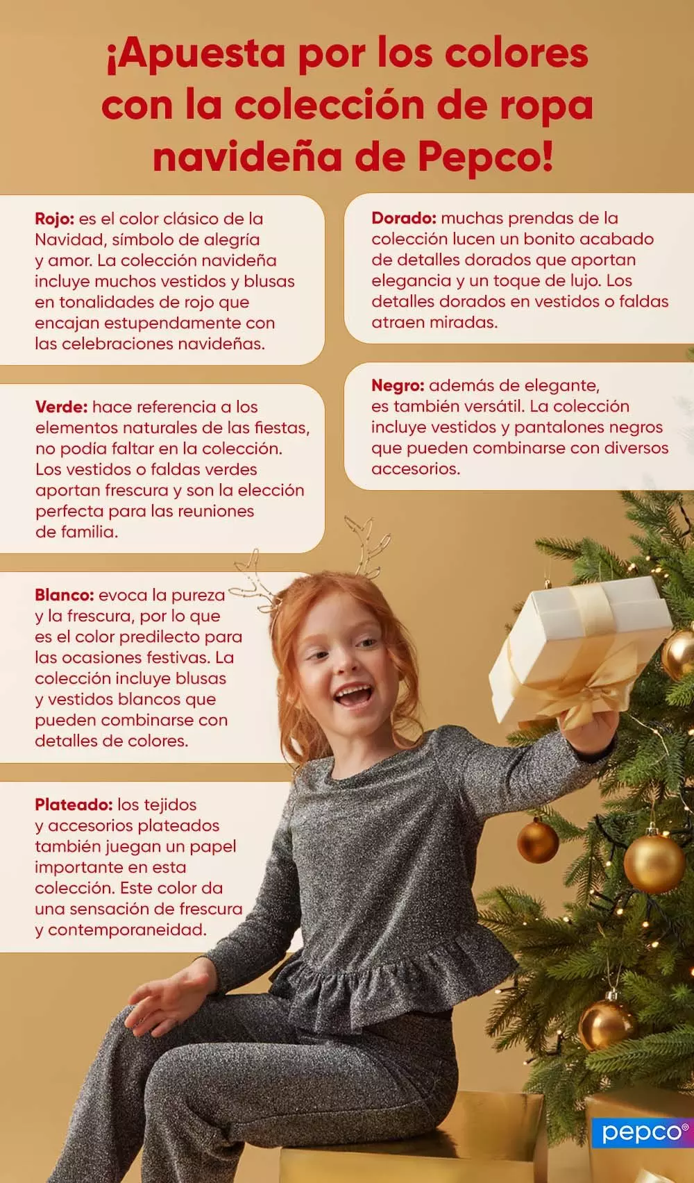 Niña sonriente con conjunto plateado de Pepco sosteniendo regalo junto a árbol navideño decorado.