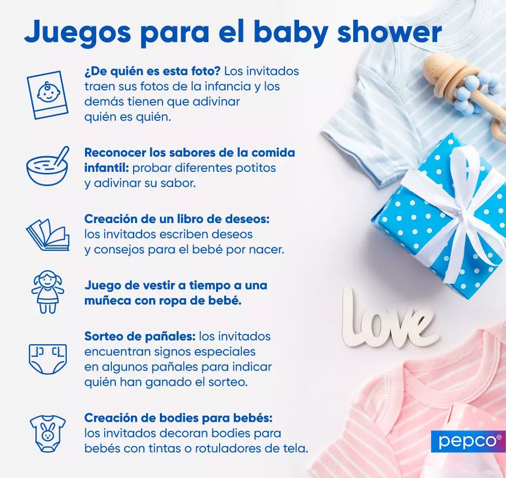 Infografía de juegos para baby shower con artículos de bebé en tonos azul y rosa de la marca pepco.