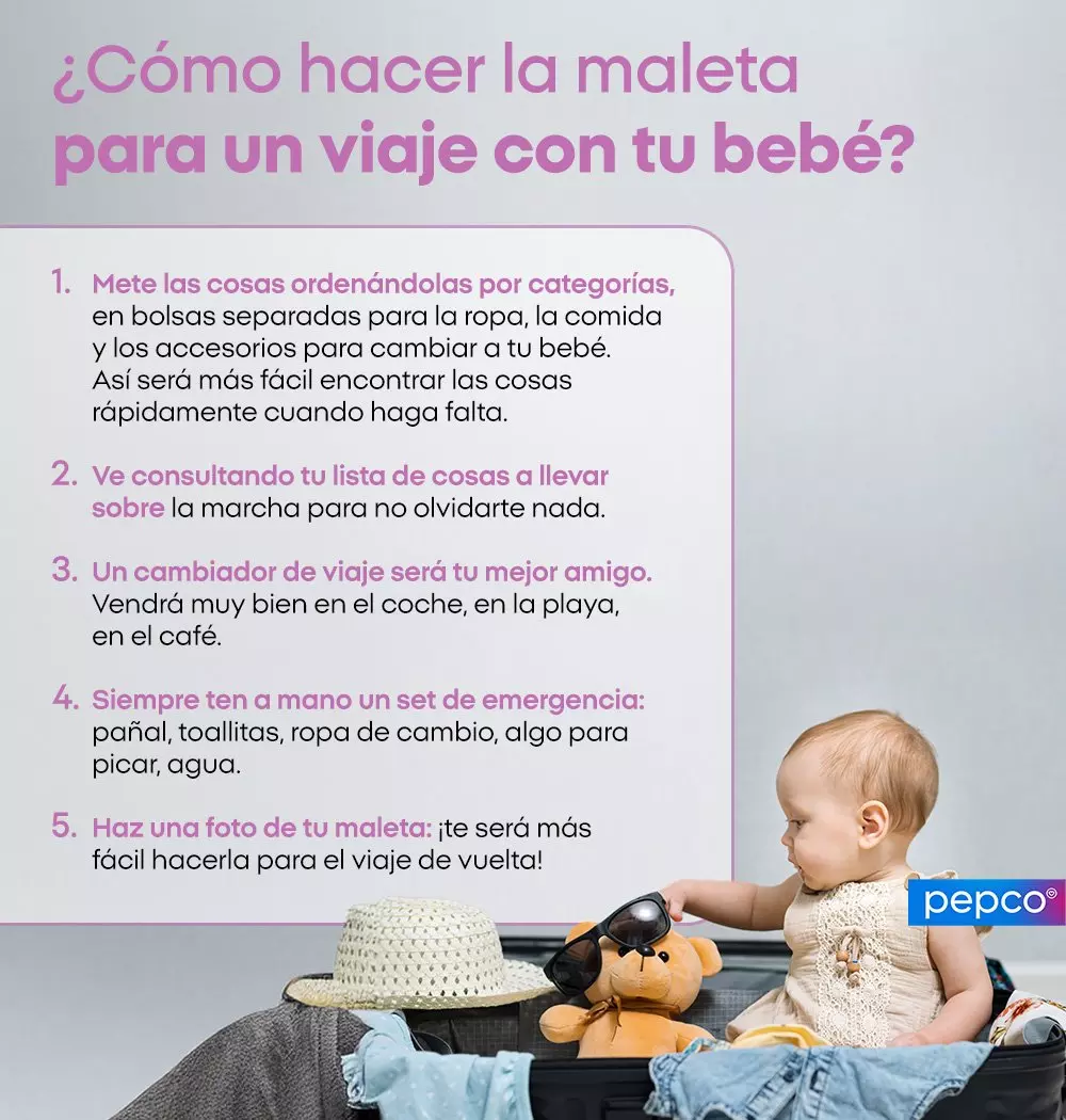 Infografía de Pepco con cinco consejos para viajar con bebés, mostrando un pequeño en una maleta con sombrero y peluche.