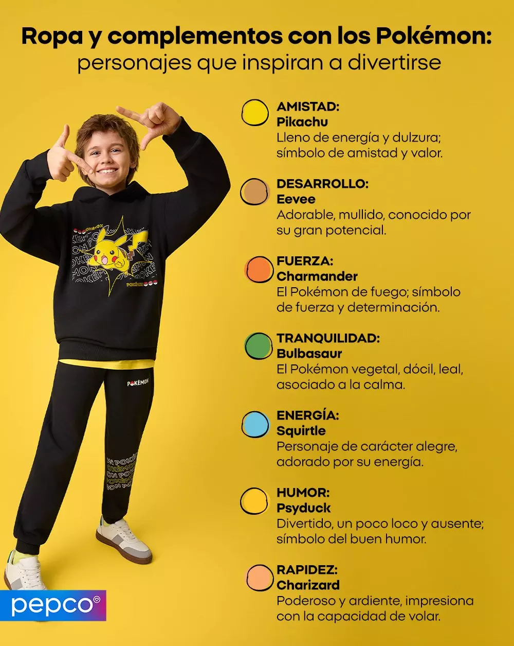 Niño sonriente con sudadera negra de Pikachu y pantalones haciendo gestos de alegría sobre fondo amarillo.