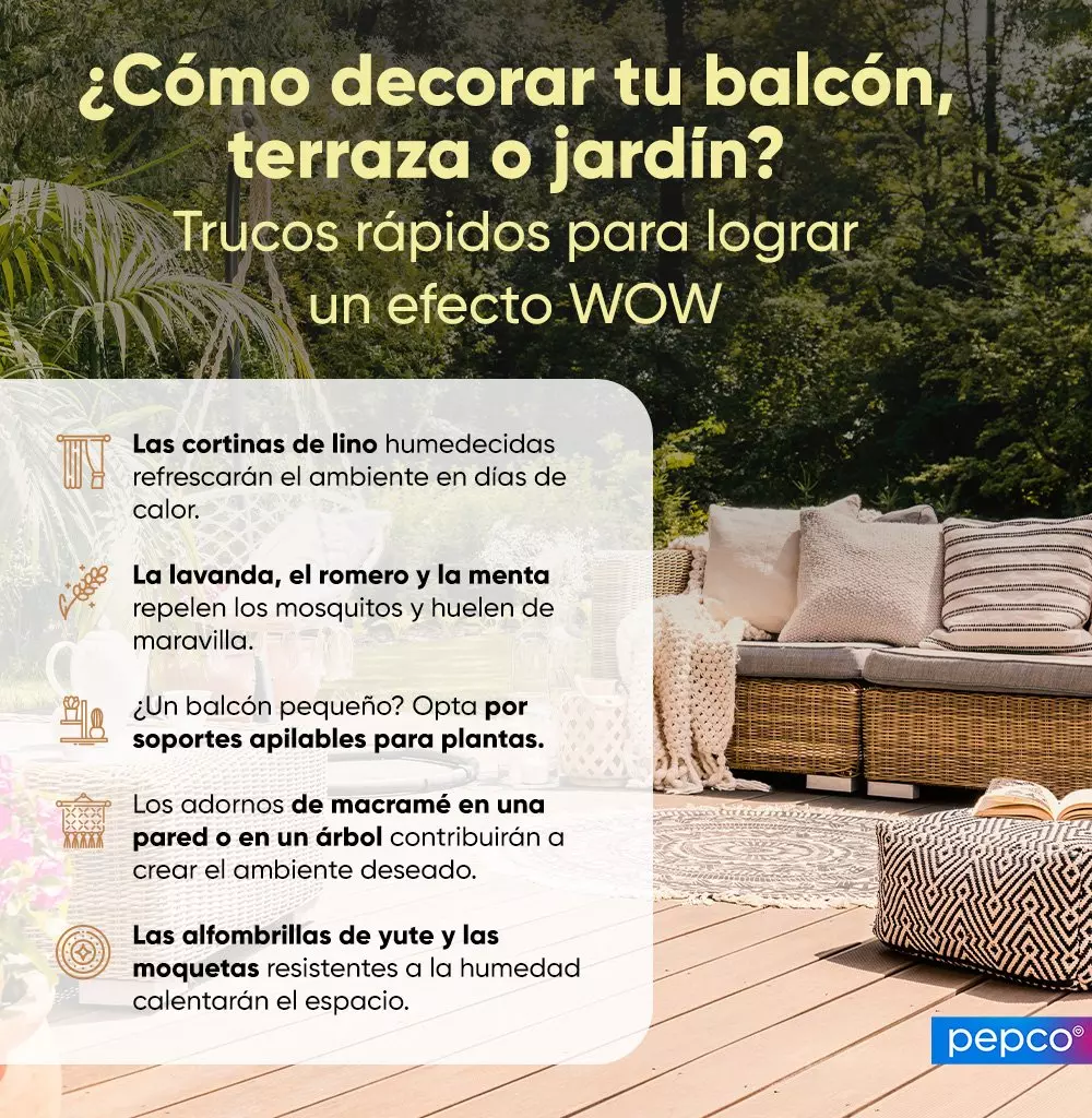 Guía con consejos para decorar balcón, terraza o jardín con sofá de ratán, cojines y cesta decorativa.