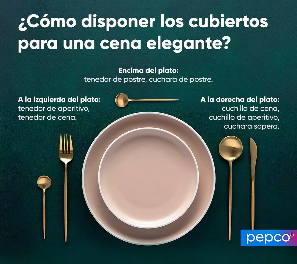 Guía de colocación de cubiertos para cena elegante con platos beige y cubiertos dorados de Pepco.