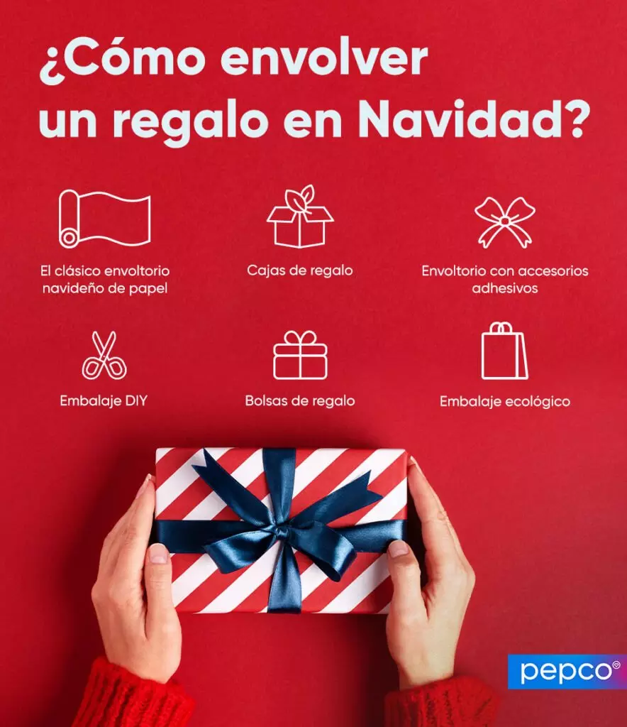 Manos sosteniendo un regalo navideño con papel rayado rojo y blanco y lazo azul marino sobre fondo rojo.