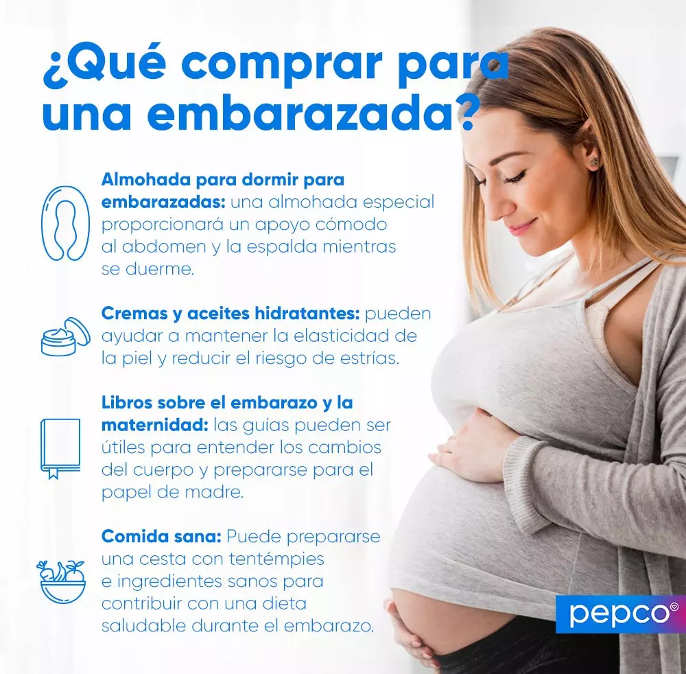 Mujer embarazada sonriente abrazando su vientre junto a guía informativa sobre productos para el embarazo.