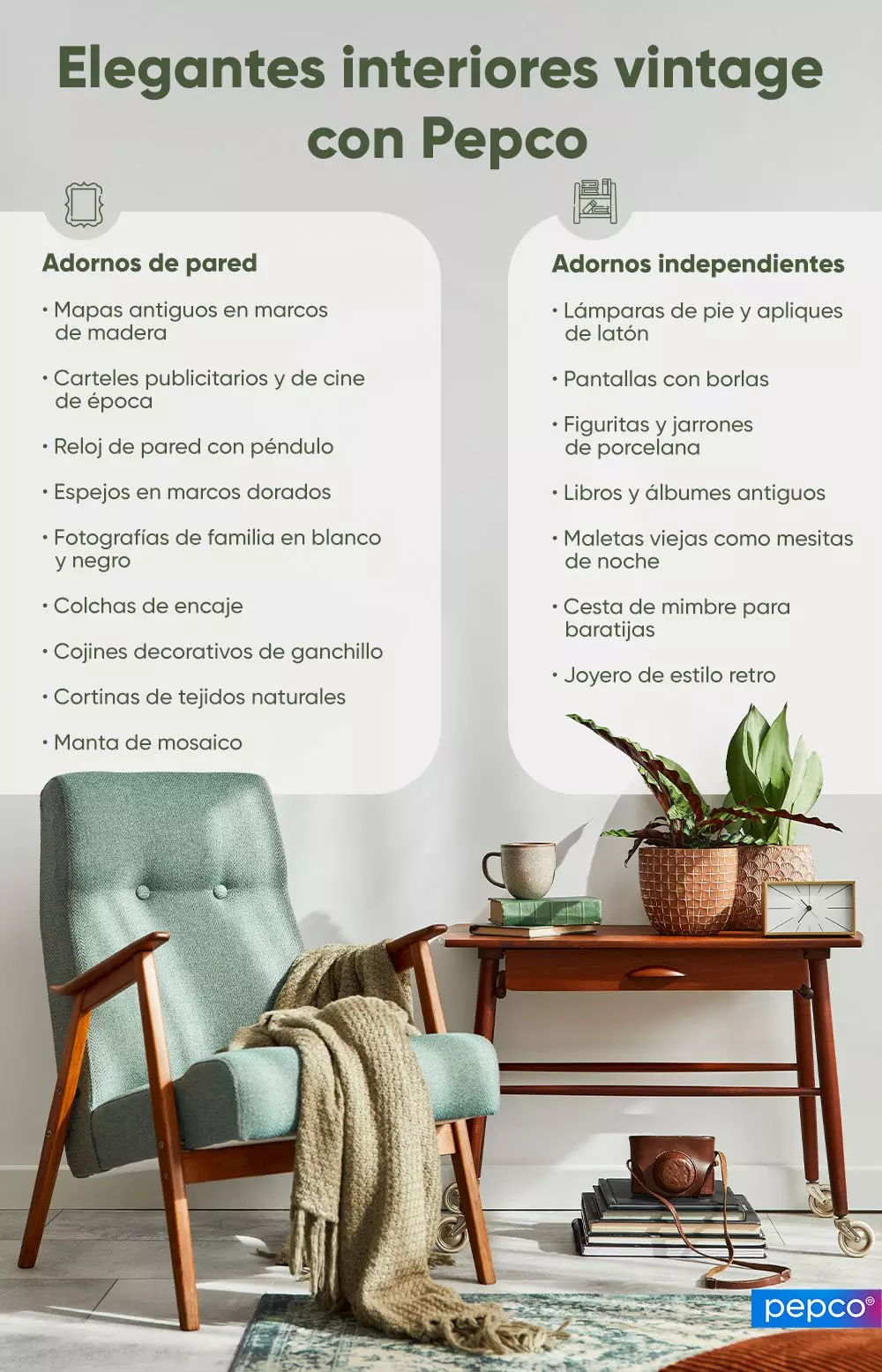 Sillón vintage verde azulado con manta beige junto a mesa con plantas y decoración de estilo retro.