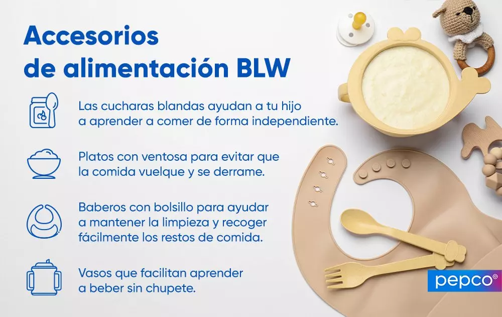 Accesorios de alimentación BLW incluyendo plato con ventosa, cubiertos y babero sobre fondo claro.