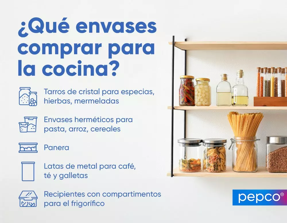 Estanterías de cocina con tarros y envases organizadores junto a texto informativo de Pepco.