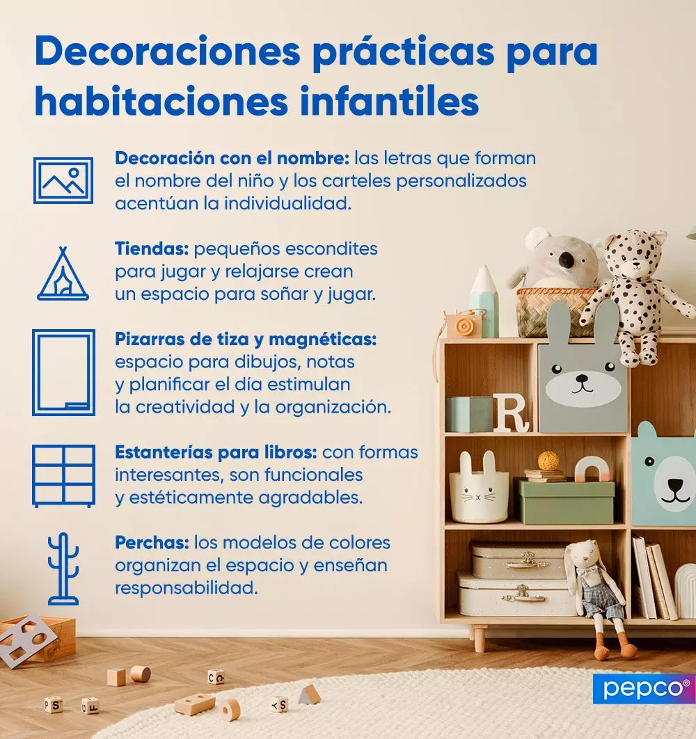 Infografía con ideas de decoraciones prácticas para habitaciones infantiles y estantería con juguetes.