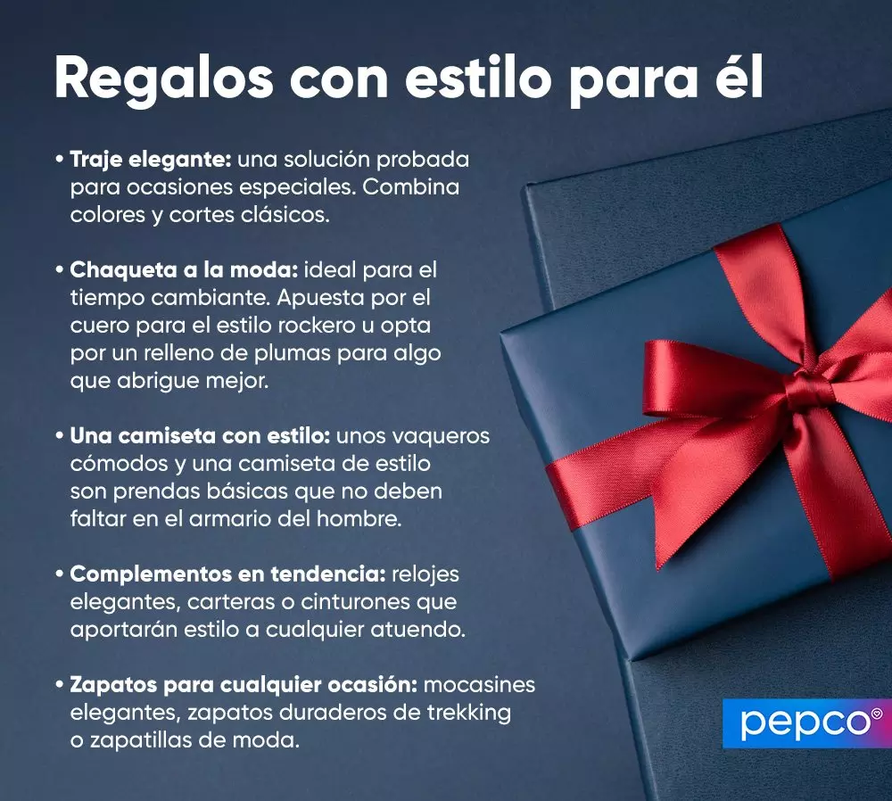 Caja de regalo azul oscuro con lazo rojo satinado junto a texto de ideas de regalos para él.